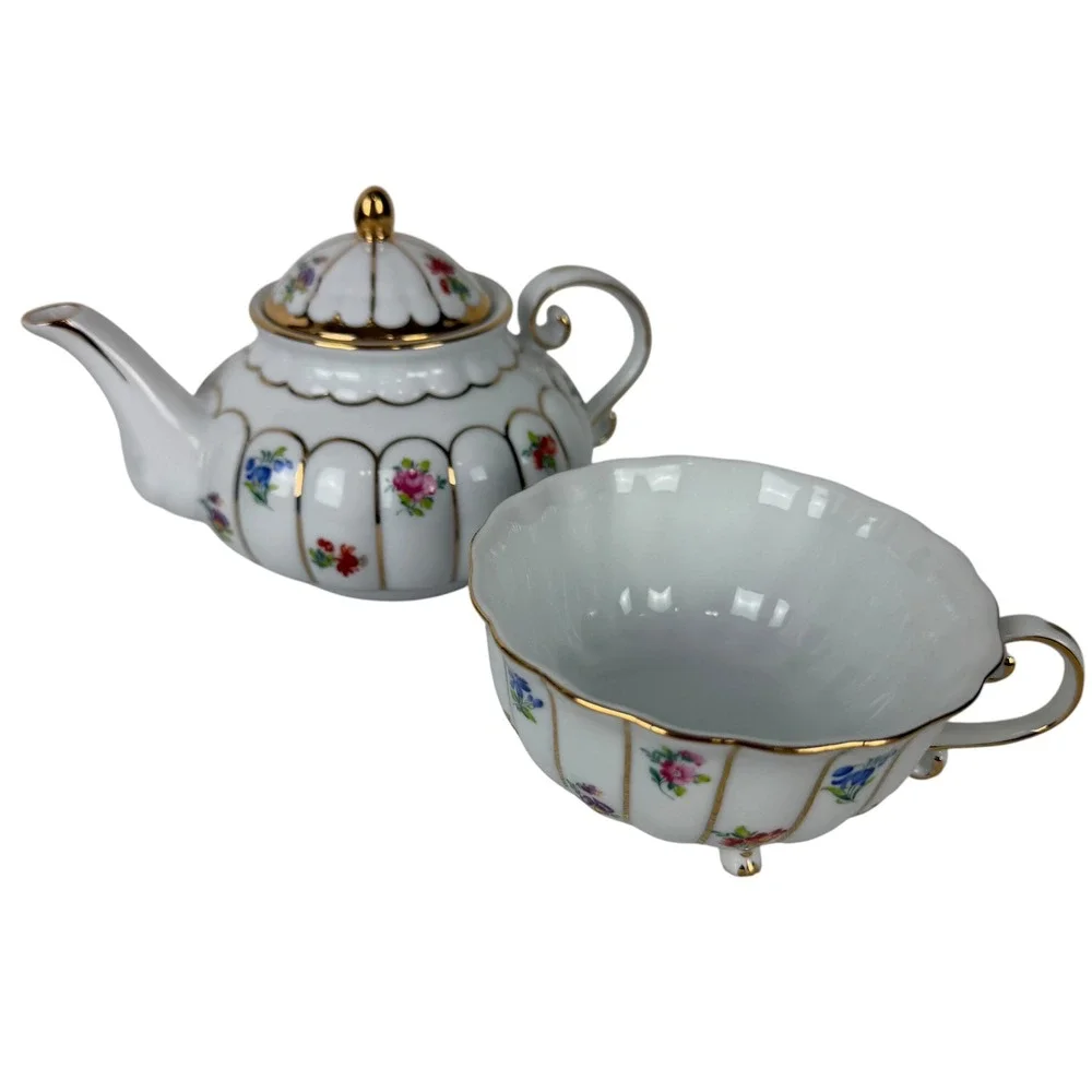 Ganz Floral Porcelain Tea for One Set White Gold Trim Stackable Teapot Teacup